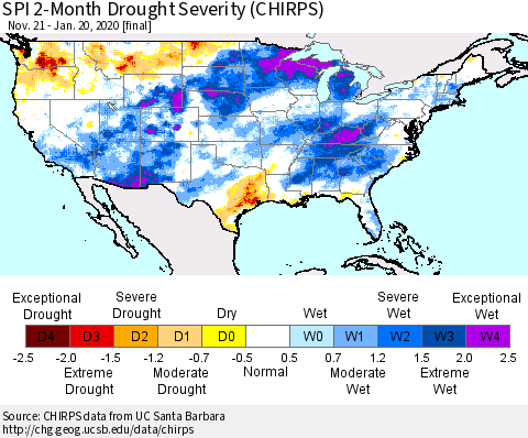 United States SPI 2-Month Drought Severity (CHIRPS) Thematic Map For 11/21/2019 - 1/20/2020