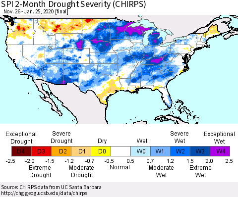 United States SPI 2-Month Drought Severity (CHIRPS) Thematic Map For 11/26/2019 - 1/25/2020