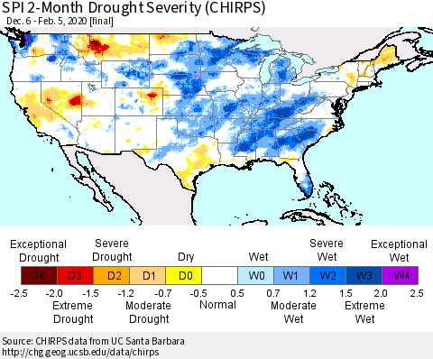 United States SPI 2-Month Drought Severity (CHIRPS) Thematic Map For 12/6/2019 - 2/5/2020