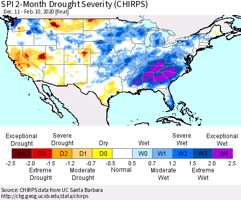 United States SPI 2-Month Drought Severity (CHIRPS) Thematic Map For 12/11/2019 - 2/10/2020