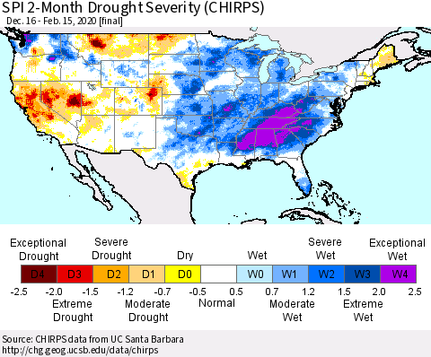 United States SPI 2-Month Drought Severity (CHIRPS) Thematic Map For 12/16/2019 - 2/15/2020