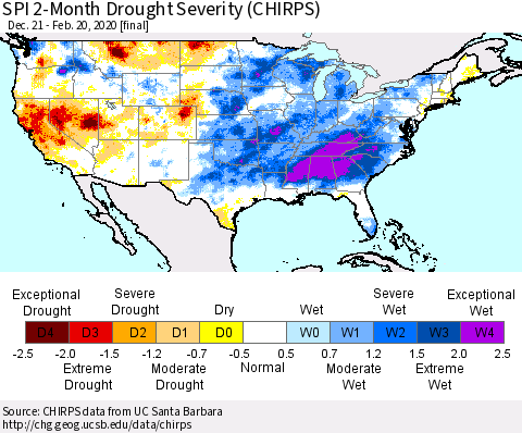 United States SPI 2-Month Drought Severity (CHIRPS) Thematic Map For 12/21/2019 - 2/20/2020