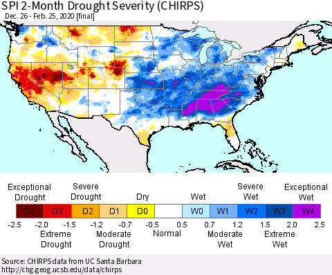 United States SPI 2-Month Drought Severity (CHIRPS) Thematic Map For 12/26/2019 - 2/25/2020