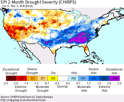 United States SPI 2-Month Drought Severity (CHIRPS) Thematic Map For 1/6/2020 - 3/5/2020