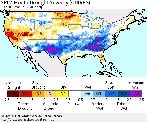 United States SPI 2-Month Drought Severity (CHIRPS) Thematic Map For 1/16/2020 - 3/15/2020