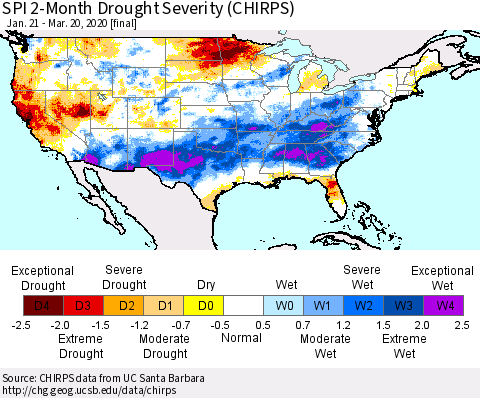 United States SPI 2-Month Drought Severity (CHIRPS) Thematic Map For 1/21/2020 - 3/20/2020