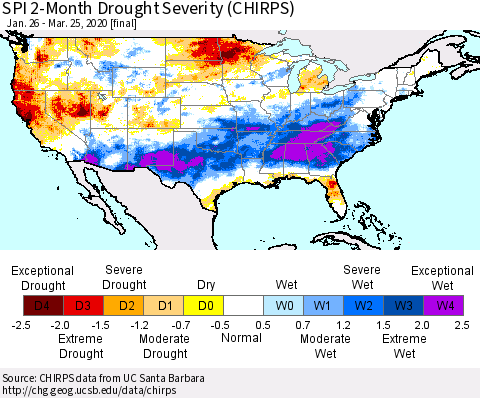 United States SPI 2-Month Drought Severity (CHIRPS) Thematic Map For 1/26/2020 - 3/25/2020
