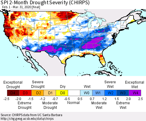 United States SPI 2-Month Drought Severity (CHIRPS) Thematic Map For 2/1/2020 - 3/31/2020