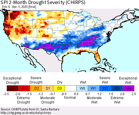 United States SPI 2-Month Drought Severity (CHIRPS) Thematic Map For 2/6/2020 - 4/5/2020