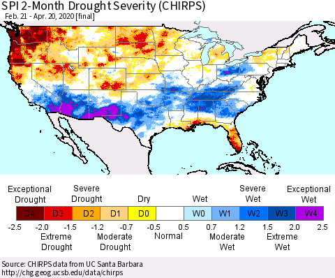 United States SPI 2-Month Drought Severity (CHIRPS) Thematic Map For 2/21/2020 - 4/20/2020