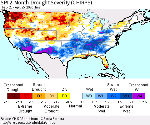 United States SPI 2-Month Drought Severity (CHIRPS) Thematic Map For 2/26/2020 - 4/25/2020