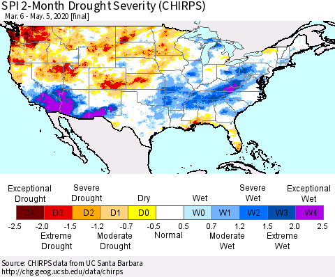 United States SPI 2-Month Drought Severity (CHIRPS) Thematic Map For 3/6/2020 - 5/5/2020