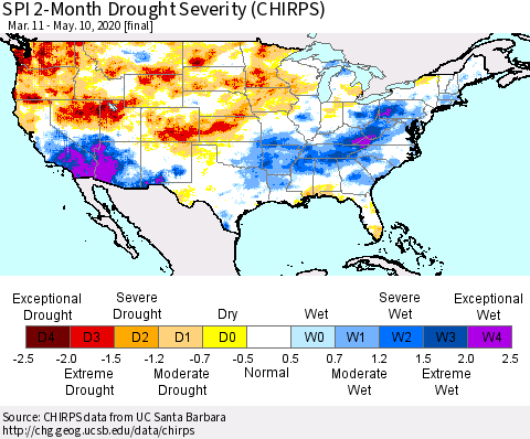United States SPI 2-Month Drought Severity (CHIRPS) Thematic Map For 3/11/2020 - 5/10/2020