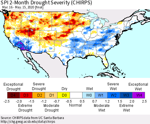 United States SPI 2-Month Drought Severity (CHIRPS) Thematic Map For 3/16/2020 - 5/15/2020