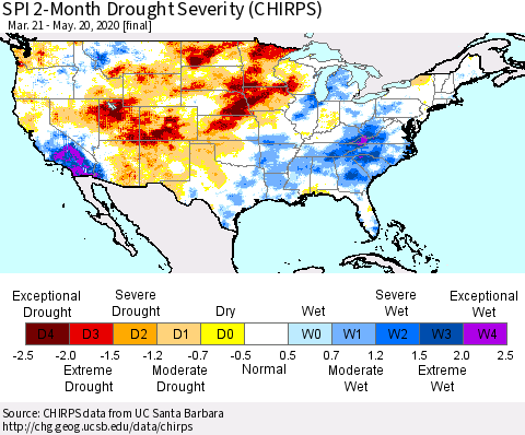United States SPI 2-Month Drought Severity (CHIRPS) Thematic Map For 3/21/2020 - 5/20/2020