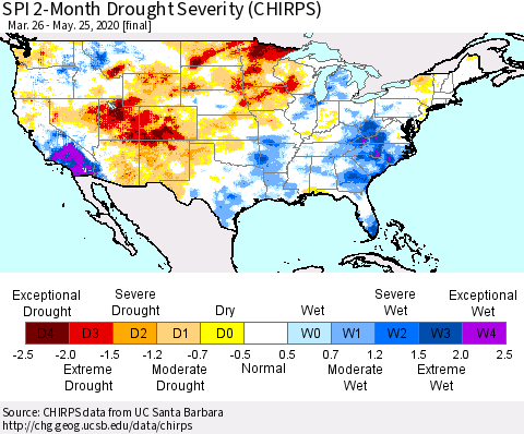 United States SPI 2-Month Drought Severity (CHIRPS) Thematic Map For 3/26/2020 - 5/25/2020