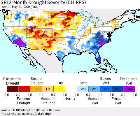 United States SPI 2-Month Drought Severity (CHIRPS) Thematic Map For 4/1/2020 - 5/31/2020