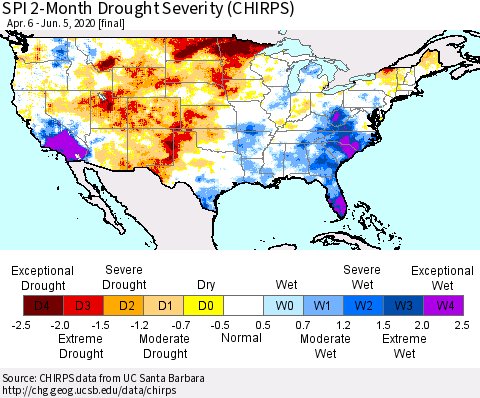 United States SPI 2-Month Drought Severity (CHIRPS) Thematic Map For 4/6/2020 - 6/5/2020