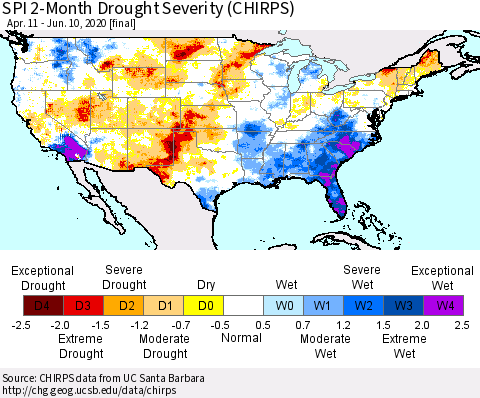 United States SPI 2-Month Drought Severity (CHIRPS) Thematic Map For 4/11/2020 - 6/10/2020
