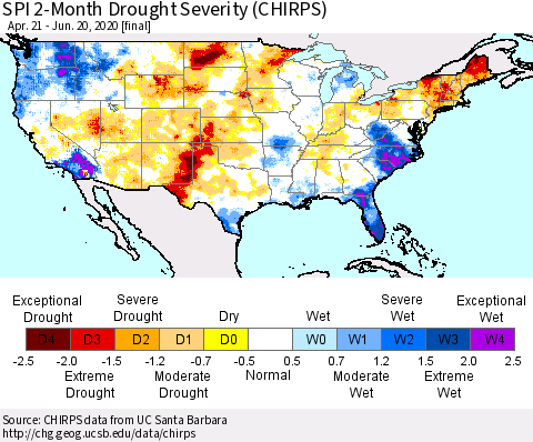 United States SPI 2-Month Drought Severity (CHIRPS) Thematic Map For 4/21/2020 - 6/20/2020