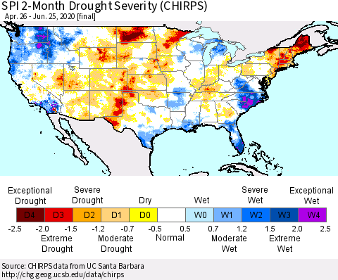 United States SPI 2-Month Drought Severity (CHIRPS) Thematic Map For 4/26/2020 - 6/25/2020