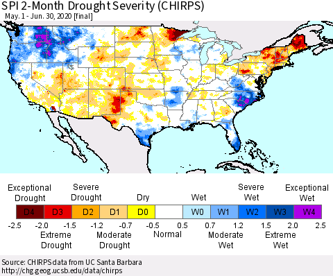United States SPI 2-Month Drought Severity (CHIRPS) Thematic Map For 5/1/2020 - 6/30/2020