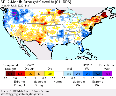 United States SPI 2-Month Drought Severity (CHIRPS) Thematic Map For 5/6/2020 - 7/5/2020