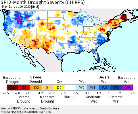 United States SPI 2-Month Drought Severity (CHIRPS) Thematic Map For 5/11/2020 - 7/10/2020
