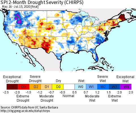 United States SPI 2-Month Drought Severity (CHIRPS) Thematic Map For 5/16/2020 - 7/15/2020
