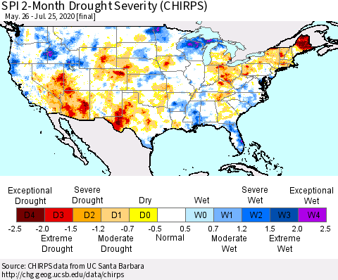 United States SPI 2-Month Drought Severity (CHIRPS) Thematic Map For 5/26/2020 - 7/25/2020