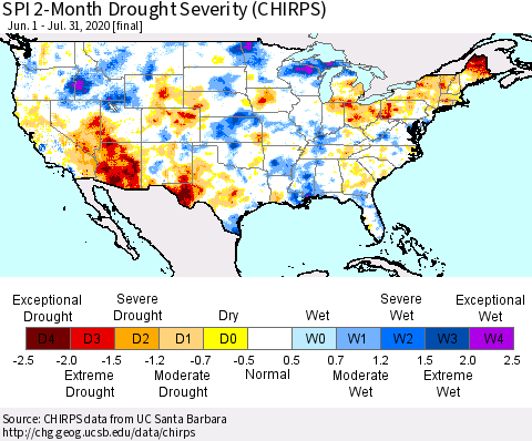 United States SPI 2-Month Drought Severity (CHIRPS) Thematic Map For 6/1/2020 - 7/31/2020