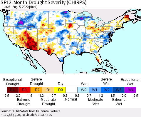 United States SPI 2-Month Drought Severity (CHIRPS) Thematic Map For 6/6/2020 - 8/5/2020