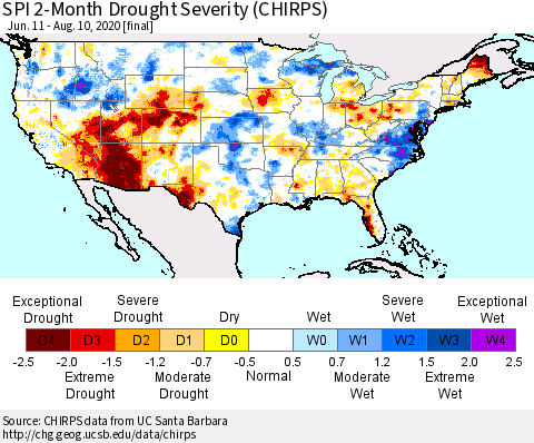 United States SPI 2-Month Drought Severity (CHIRPS) Thematic Map For 6/11/2020 - 8/10/2020