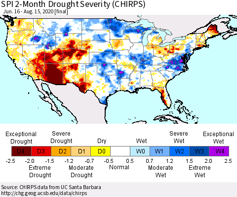 United States SPI 2-Month Drought Severity (CHIRPS) Thematic Map For 6/16/2020 - 8/15/2020