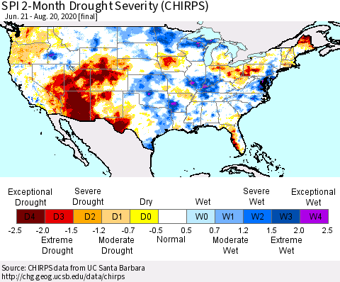 United States SPI 2-Month Drought Severity (CHIRPS) Thematic Map For 6/21/2020 - 8/20/2020