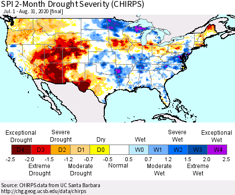 United States SPI 2-Month Drought Severity (CHIRPS) Thematic Map For 7/1/2020 - 8/31/2020