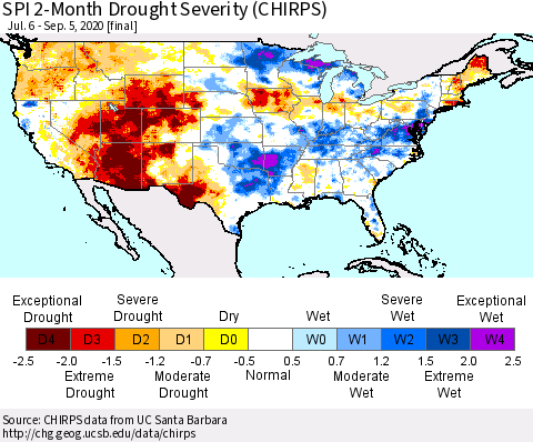United States SPI 2-Month Drought Severity (CHIRPS) Thematic Map For 7/6/2020 - 9/5/2020
