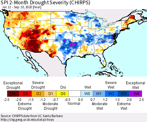 United States SPI 2-Month Drought Severity (CHIRPS) Thematic Map For 7/11/2020 - 9/10/2020