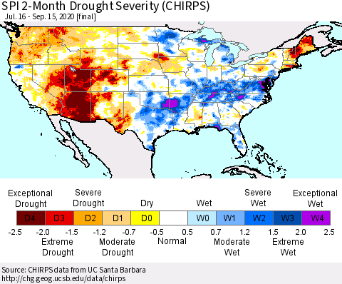 United States SPI 2-Month Drought Severity (CHIRPS) Thematic Map For 7/16/2020 - 9/15/2020