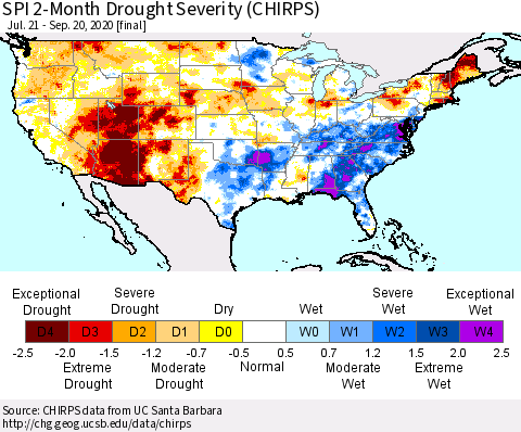United States SPI 2-Month Drought Severity (CHIRPS) Thematic Map For 7/21/2020 - 9/20/2020