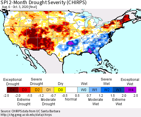 United States SPI 2-Month Drought Severity (CHIRPS) Thematic Map For 8/6/2020 - 10/5/2020