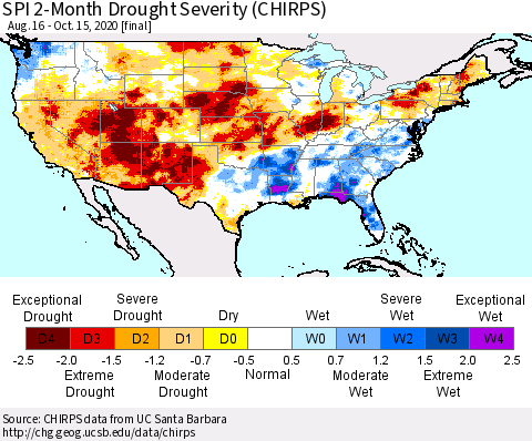United States SPI 2-Month Drought Severity (CHIRPS) Thematic Map For 8/16/2020 - 10/15/2020