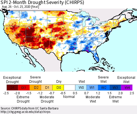 United States SPI 2-Month Drought Severity (CHIRPS) Thematic Map For 8/26/2020 - 10/25/2020