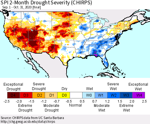 United States SPI 2-Month Drought Severity (CHIRPS) Thematic Map For 9/1/2020 - 10/31/2020