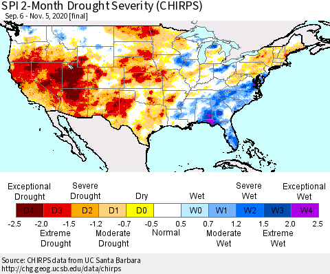 United States SPI 2-Month Drought Severity (CHIRPS) Thematic Map For 9/6/2020 - 11/5/2020