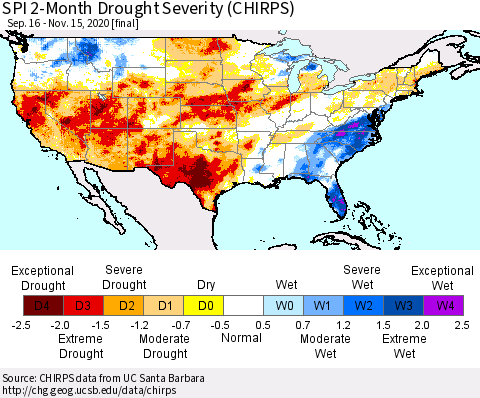 United States SPI 2-Month Drought Severity (CHIRPS) Thematic Map For 9/16/2020 - 11/15/2020