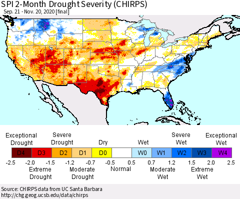 United States SPI 2-Month Drought Severity (CHIRPS) Thematic Map For 9/21/2020 - 11/20/2020