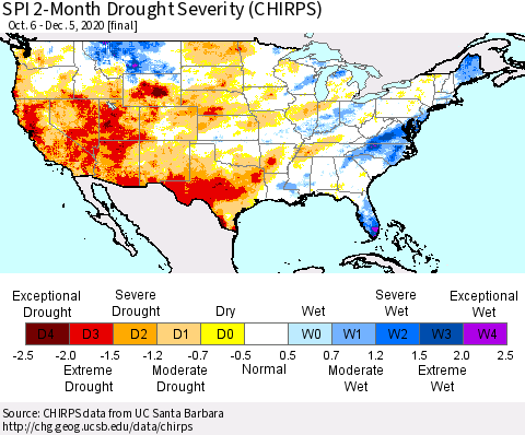 United States SPI 2-Month Drought Severity (CHIRPS) Thematic Map For 10/6/2020 - 12/5/2020