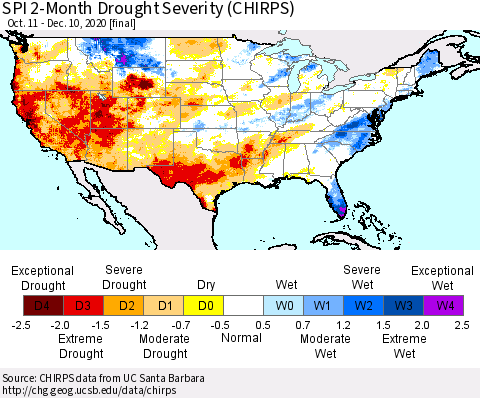 United States SPI 2-Month Drought Severity (CHIRPS) Thematic Map For 10/11/2020 - 12/10/2020