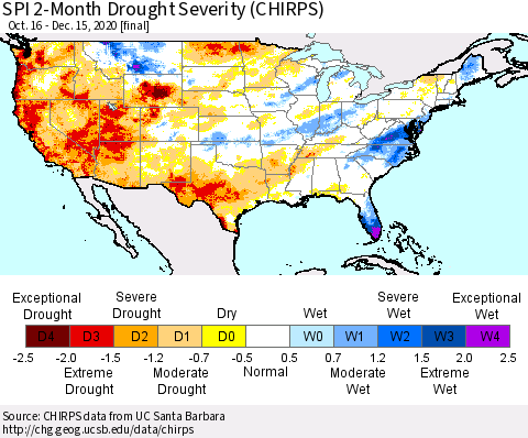 United States SPI 2-Month Drought Severity (CHIRPS) Thematic Map For 10/16/2020 - 12/15/2020